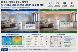 실내 공기청정기 흡입구 위치가 방 전체의 대류 순환에 미치는 효율성 차이