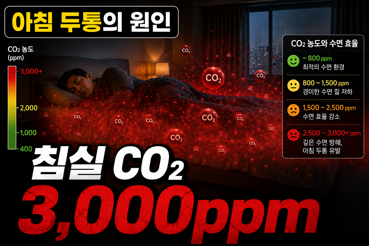 침실 내 이산화탄소(CO2) 농도 상승이 수면 효율과 렘(REM) 수면에 미치는 영향